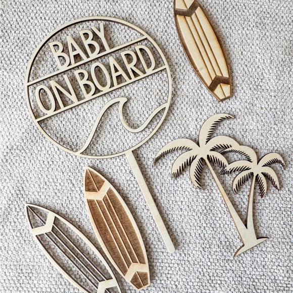 Baby on Board Wooden Cake Topper, surfboards & palm tree. - Picture 2 of 6